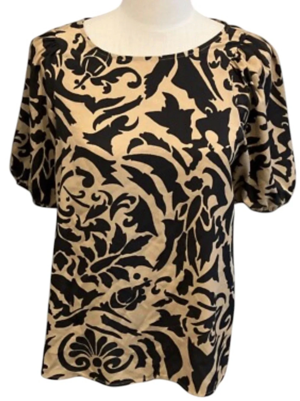 LOFT Black and Tan Abstract Floral Puff-Sleeve Blouse